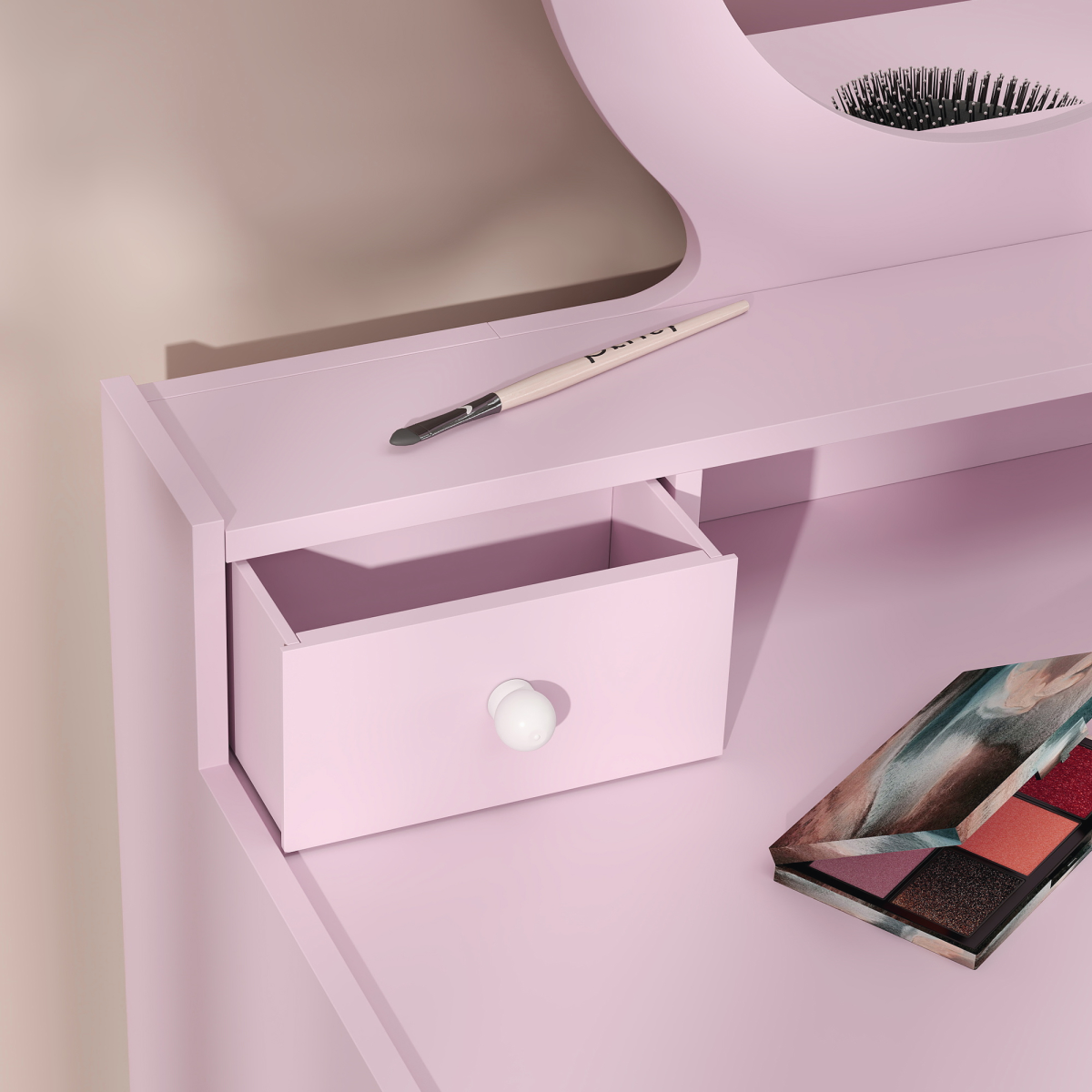 AIYAPLAY Pink Kids Vanity Table and Stool Set with Mirror, 4 Drawers