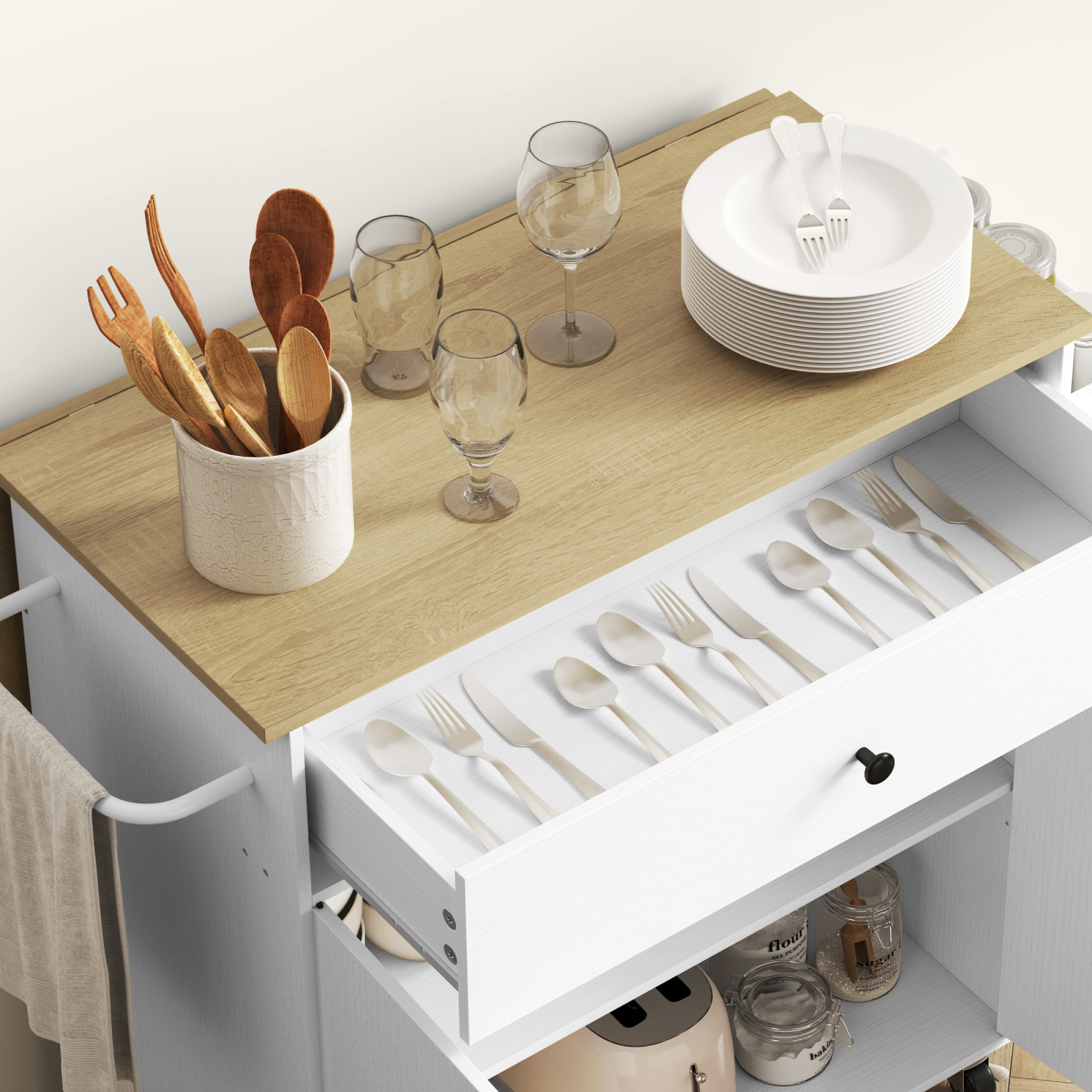 HOMCOM Rolling Kitchen Island with Drop Leaf, Storage Trolley, White