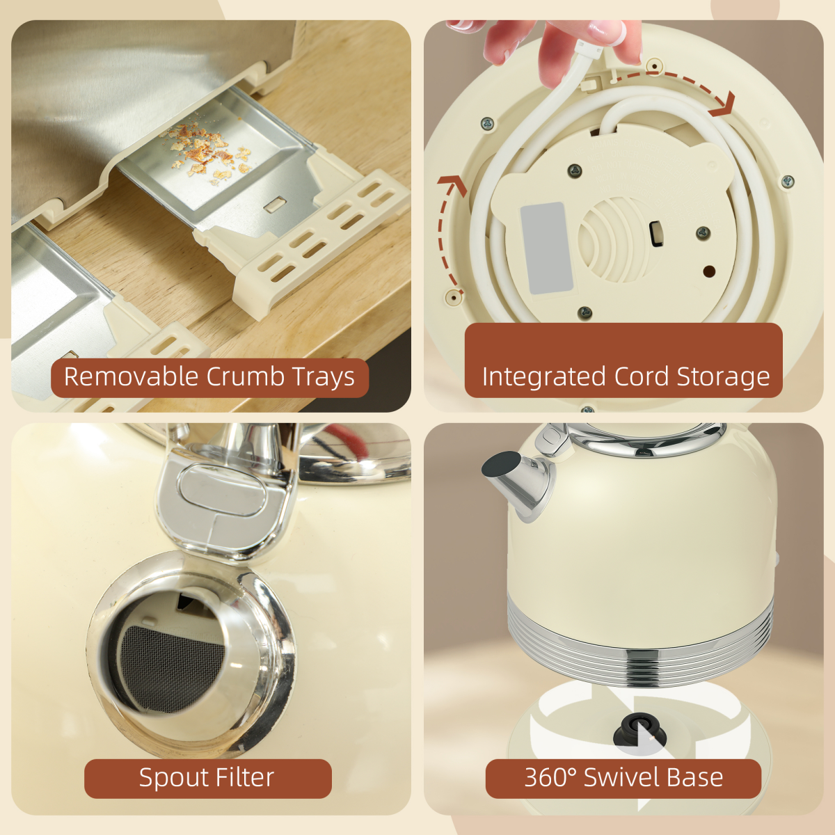 HOMCOM Cream 1.7L 3000W Electric Kettle & 4-Slice Toaster Set