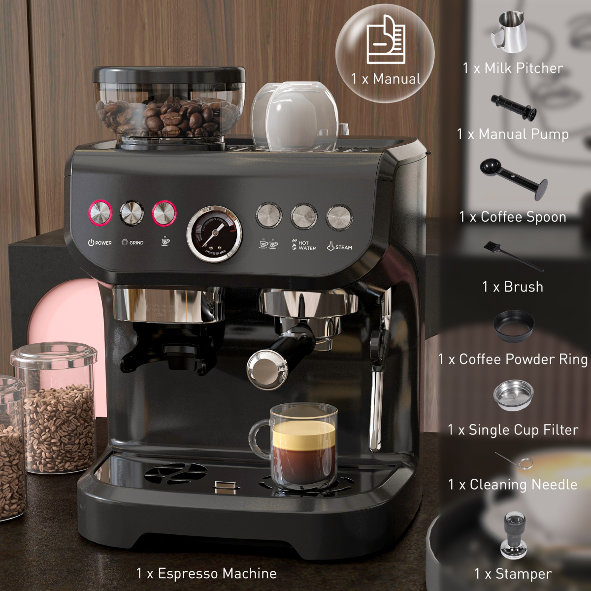 HOMCOM Espresso Machine with Integrated Grinder & Steam Wand, 15 Bar