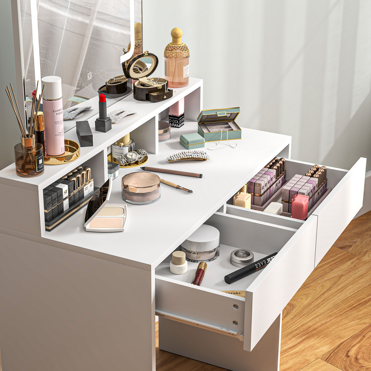 HOMCOM Dressing Table with Mirror, LED Lights, 2 Drawers, White