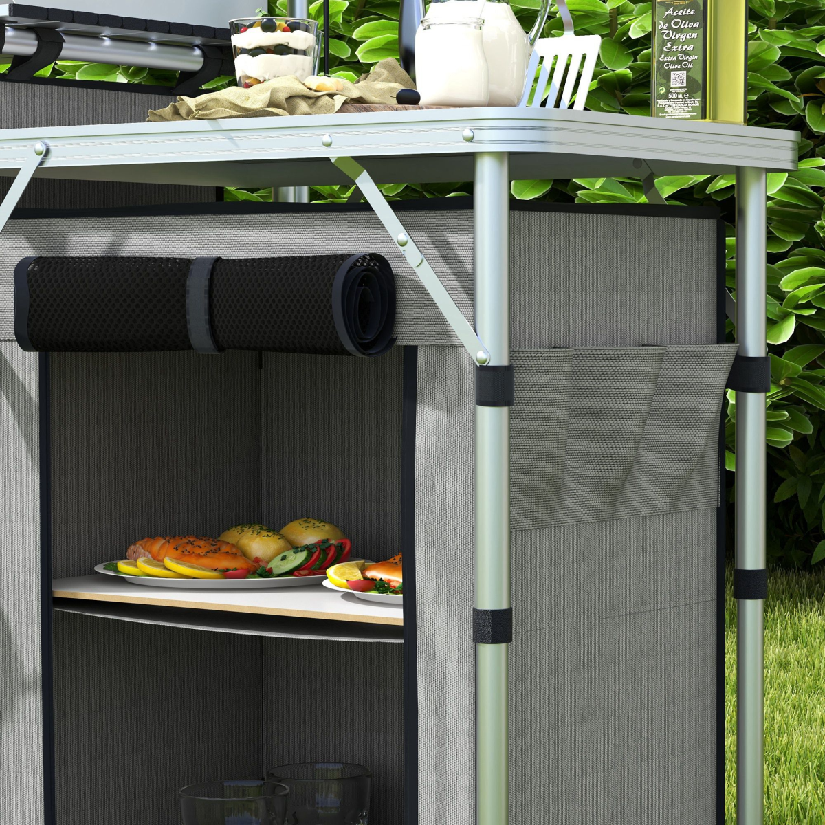 Outsunny Folding Camping Kitchen with Windshield, Lamp Stand & Carry Bag