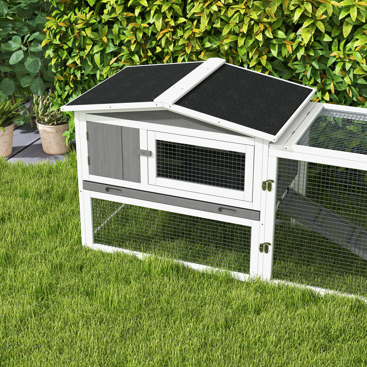 PawHut Outdoor Rabbit Hutch and Run with Slide-Out Tray, Detachable Run, Ramp, Fir Wood, 156 x 58 x 68cm