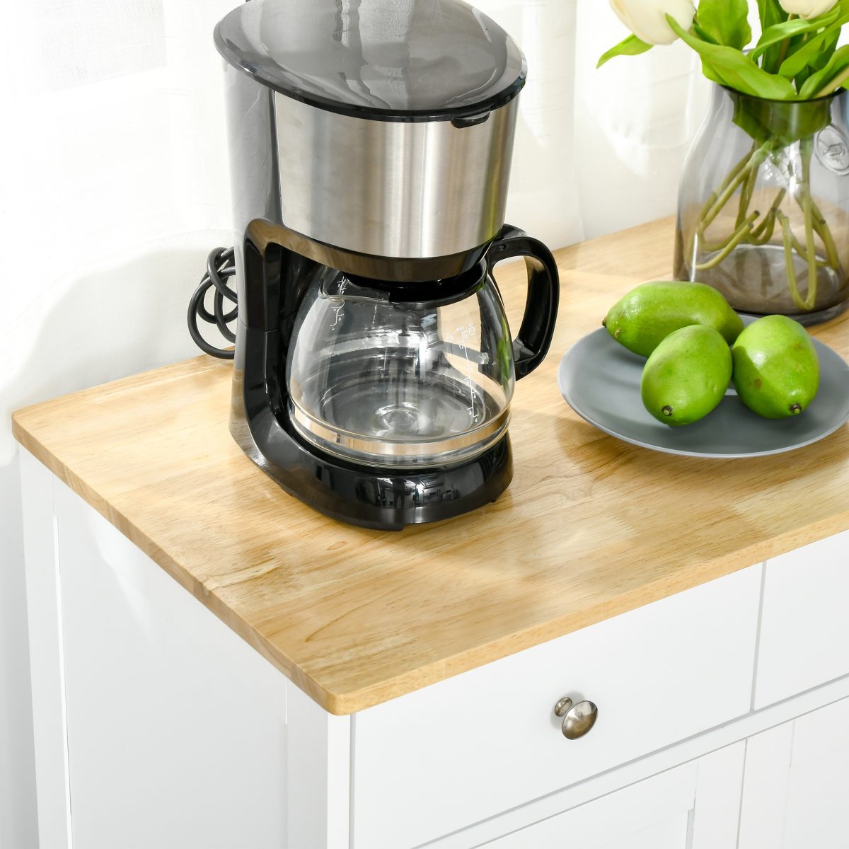 HOMCOM Kitchen Cupboard Side Cabinet Island with Adjustable Shelf, 2 Drawers, 2 Doors, MDF and Rubber Wood Top