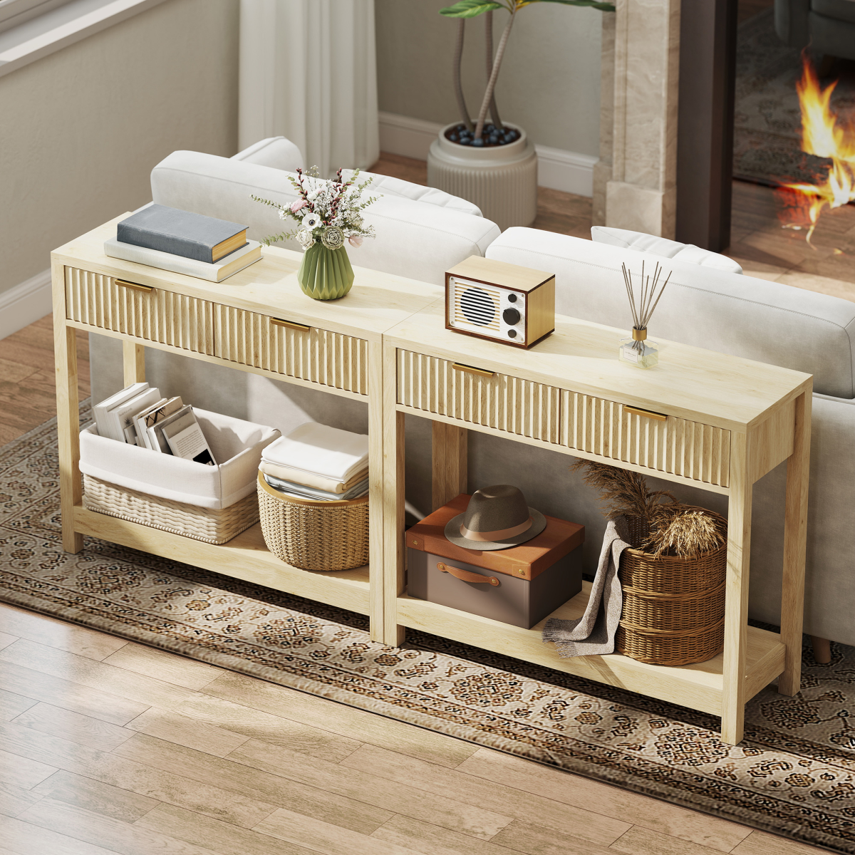 HOMCOM Modern Console Table with Fluted Drawers and Shelf