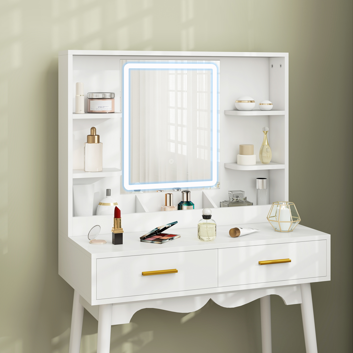 HOMCOM White Dressing Table with LED Mirror, Stool & Storage