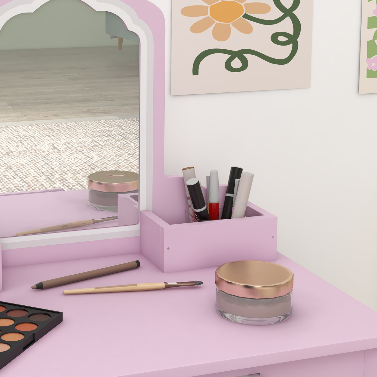 ZONEKIZ Kids Dressing Table Set with Mirror, Stool, Drawer Storage