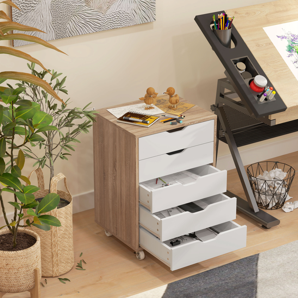Vinsetto 5-Drawer Mobile File Cabinet with Wheels, Brown