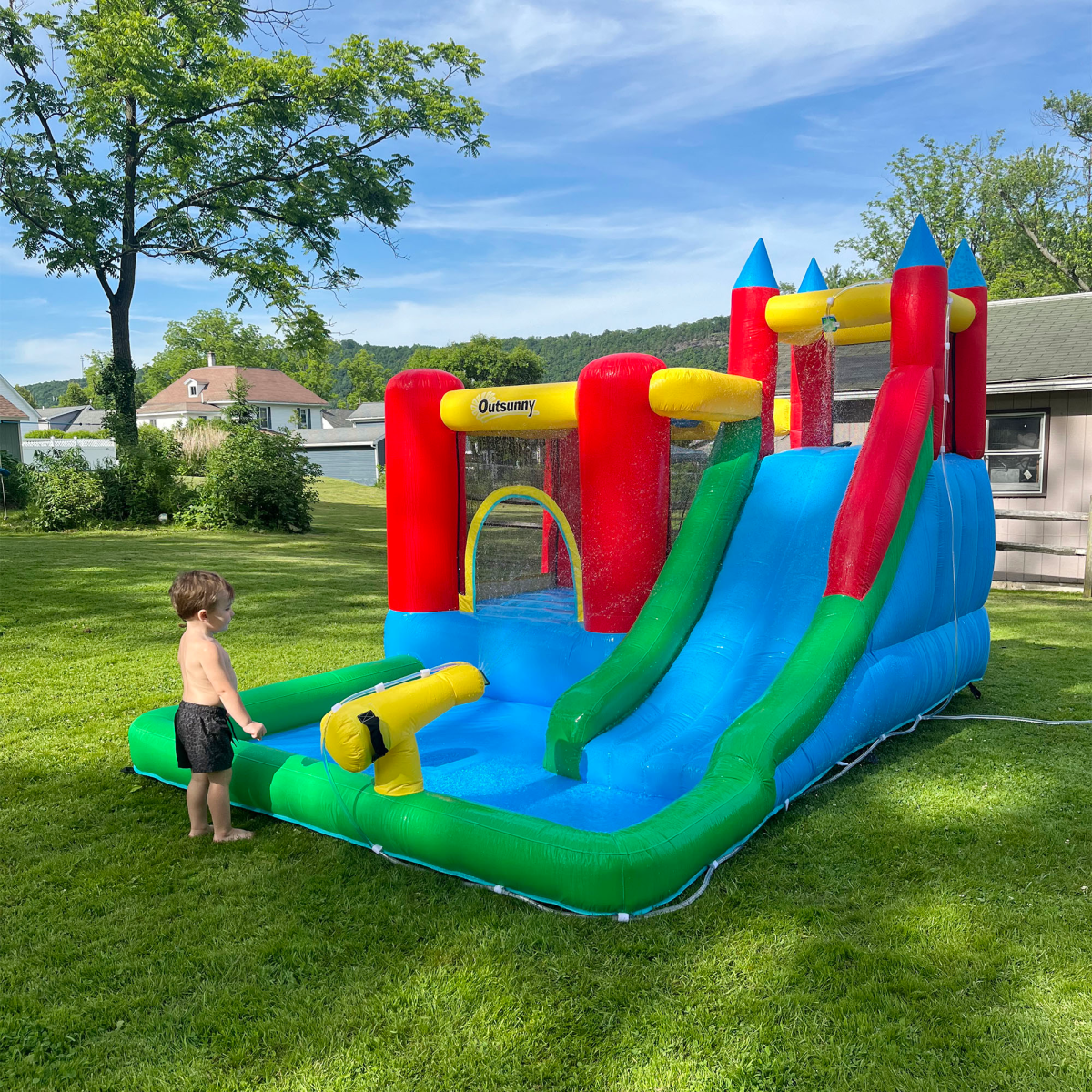 Outsunny Kids Bouncy Castle with Slide, Water Pool, Climbing Wall, Trampoline, Basket, Water Gun and Electric Blower