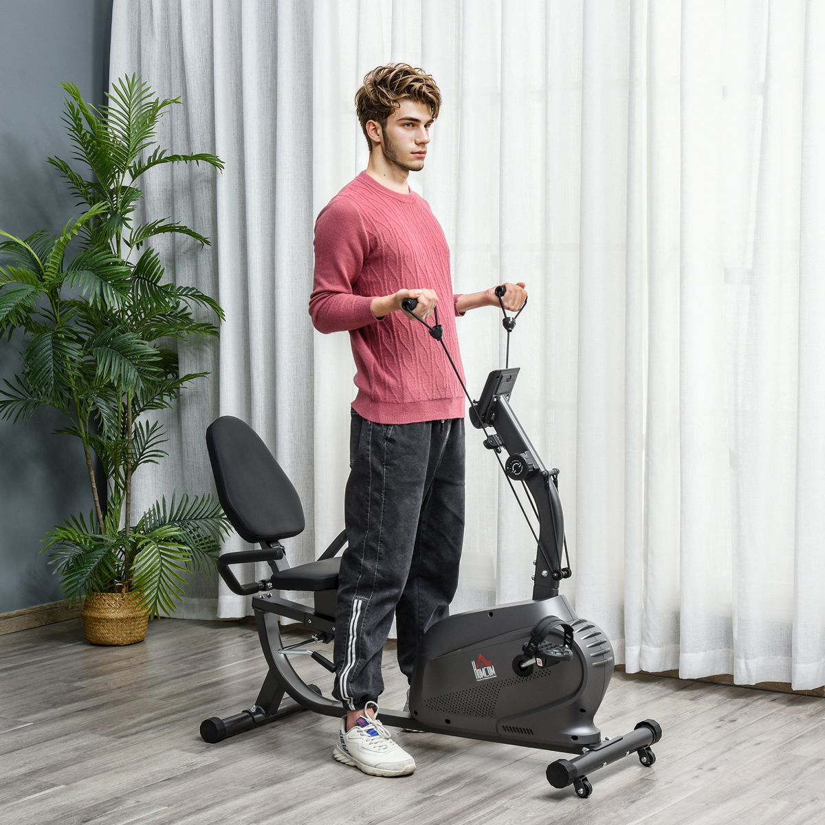 HOMCOM Recumbent Exercise Bike with LCD Monitor, 8 Resistance Levels, Adjustable Seat, Elastic Arm Ropes