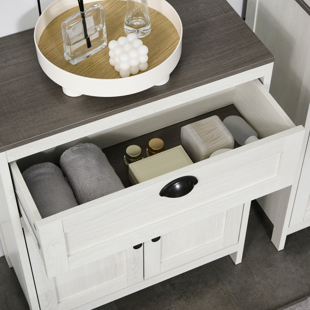 White Bathroom Floor Cabinet with Drawer, Double Door & Shelf
