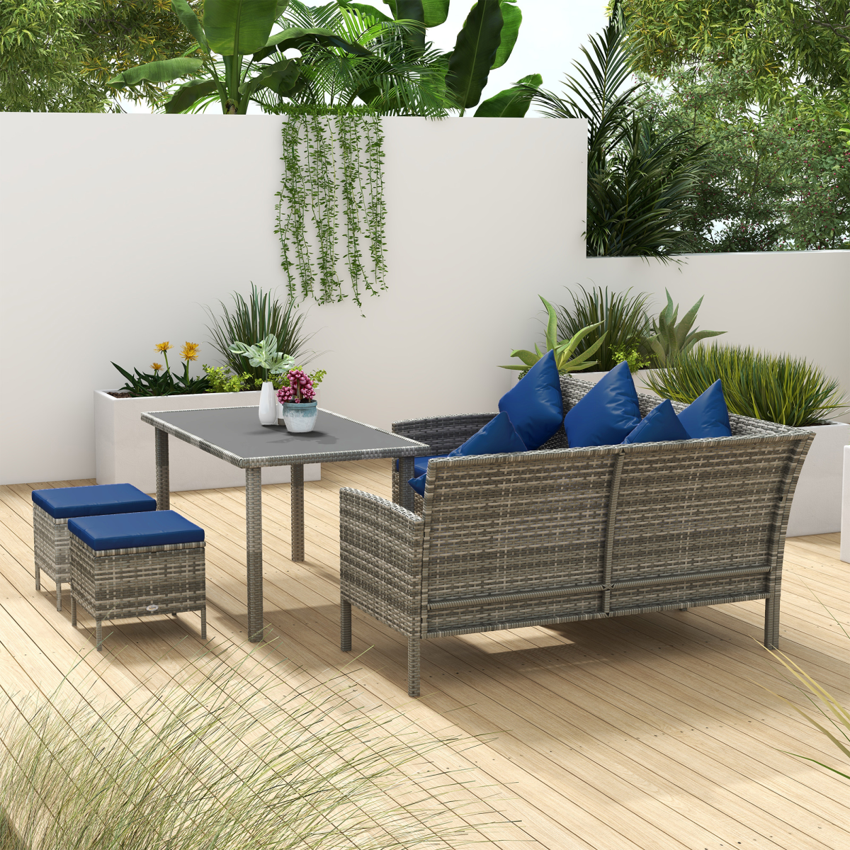 Outsunny 5-Piece Rattan Garden Dining Set with Table, Dark Blue