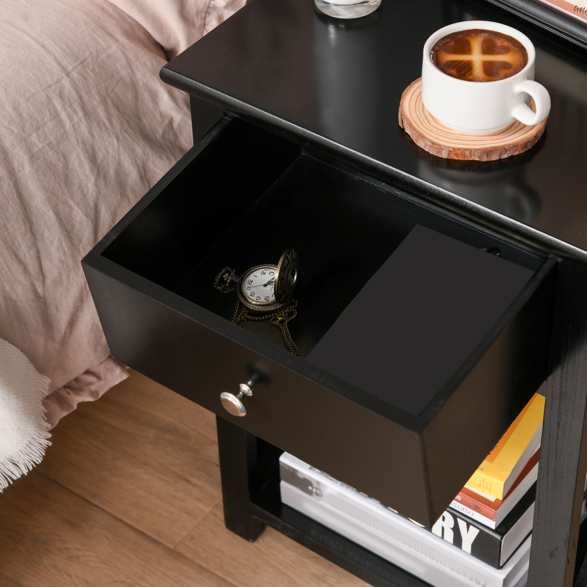 HOMCOM Black MDF 2-Tier Side Table with Drawer and Bottom Shelf