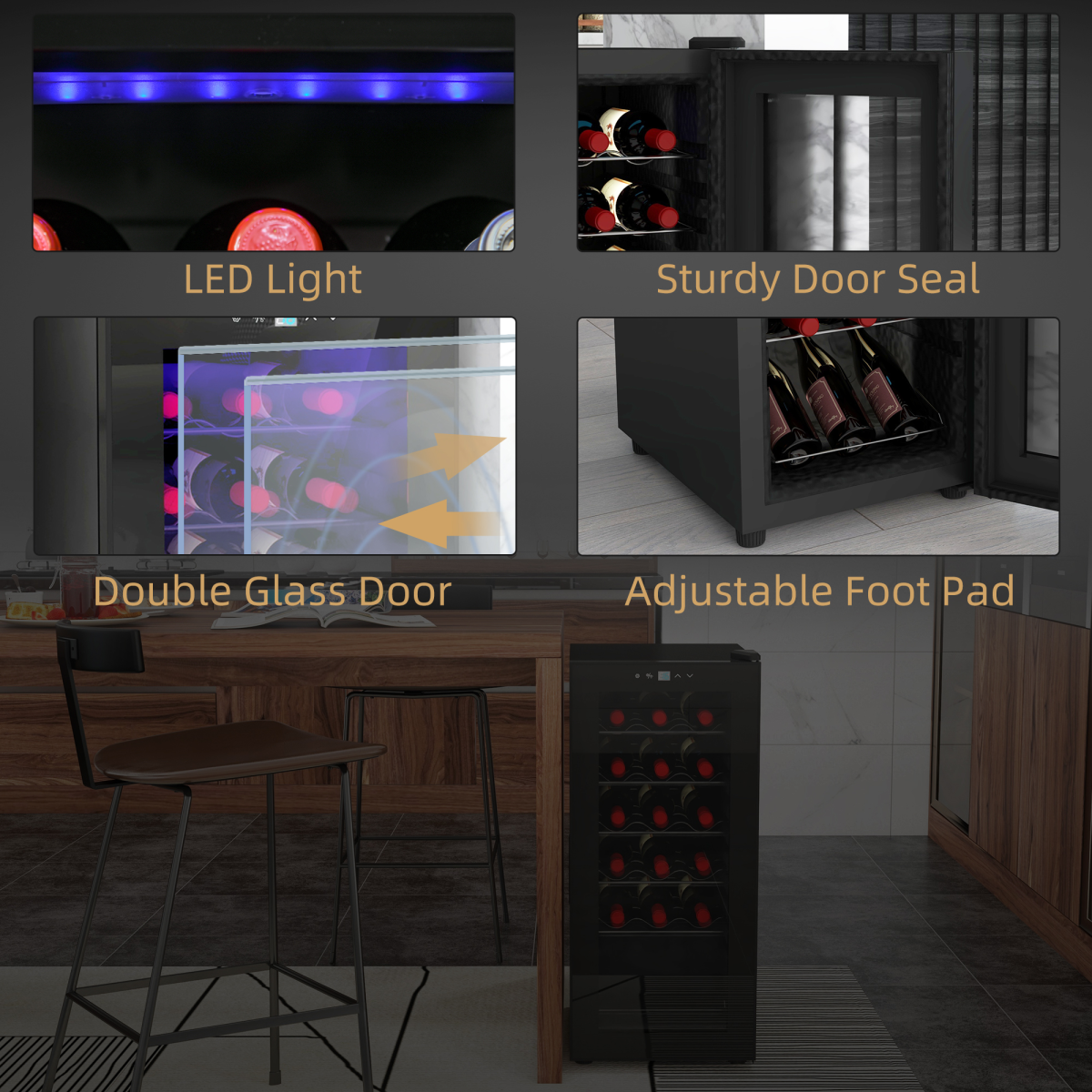 HOMCOM 50L Under Counter Wine Cooler Fridge, 18 Bottle, LED Light, Glass Door