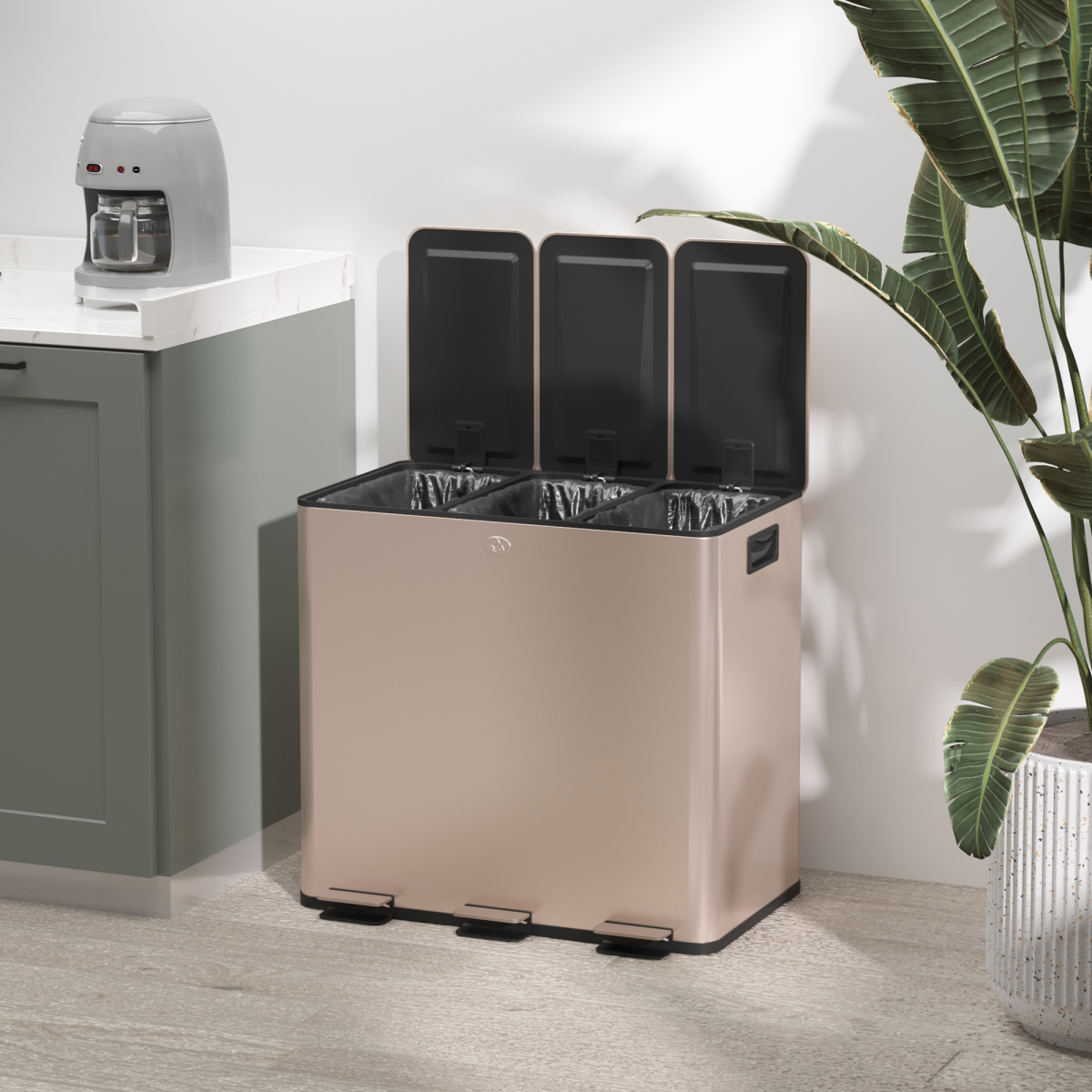 PawHut 3 x 15L Triple Kitchen Recycling Pedal Bin, Gold Tone