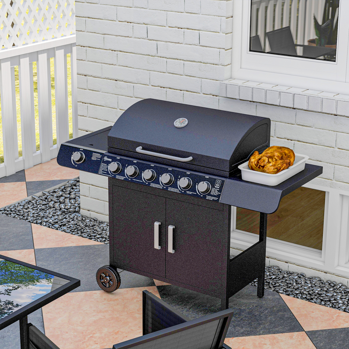 Outsunny 6+1 Burner Gas BBQ Grill with Side Burner, Wheels & Cabinet