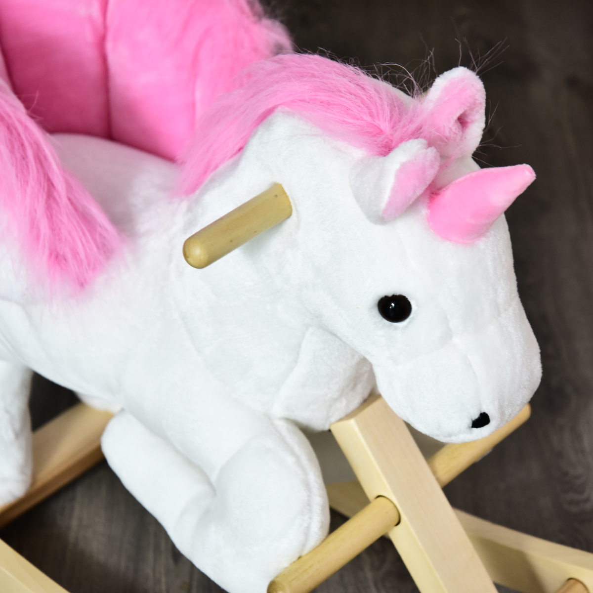 Kids Wooden Unicorn Rocking Horse Ride On Plush Toy with Soft Seat, Musical Button, Pink