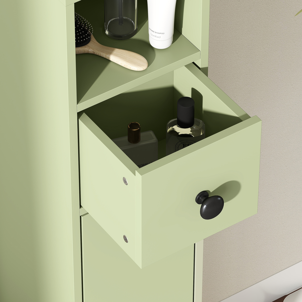 kleankin Slim Bathroom Storage Cabinet with Drawer & Open Shelves, Green