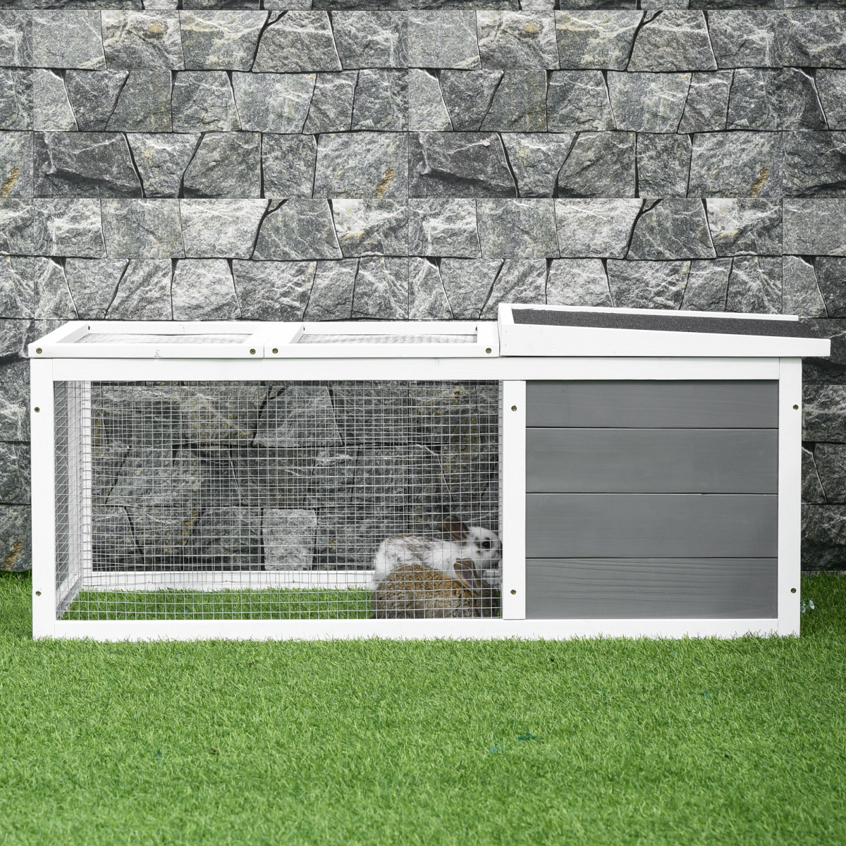 Rabbit Hutch Wooden Small Animal Cage with UV-Resistant Asphalt Roof, Indoor and Outdoor Pet Run Cover