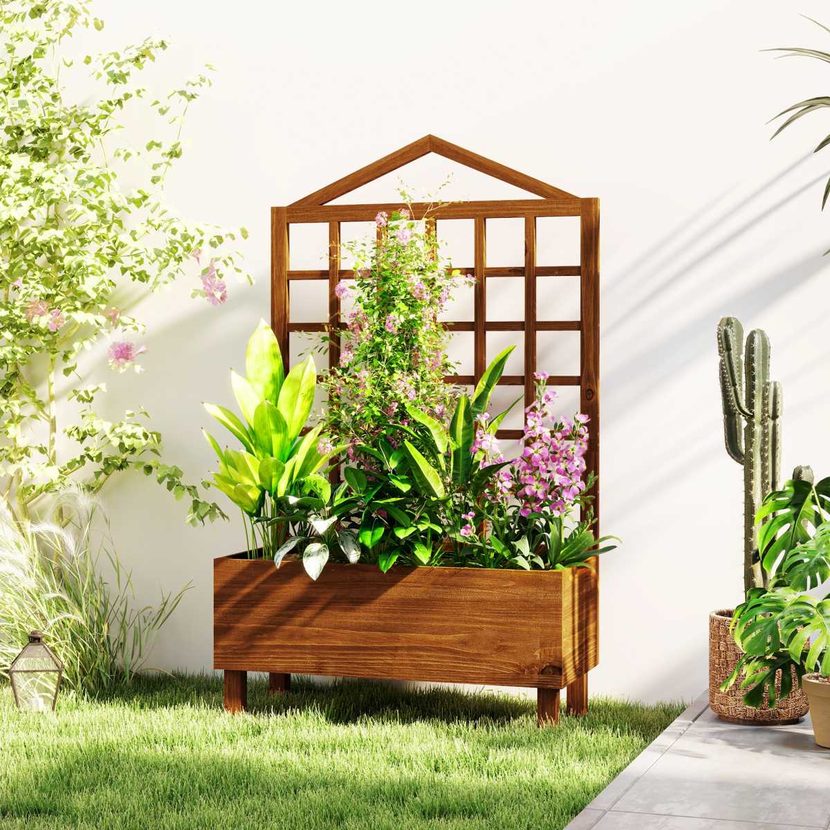 Outsunny Wooden Garden Planter Box with Trellis, Brown