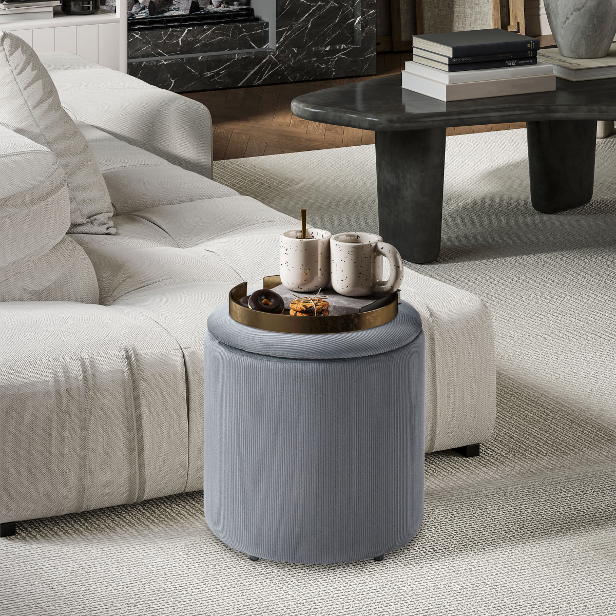 HOMCOM Set of 2 Fabric Storage Ottomans with Lids, Light Grey