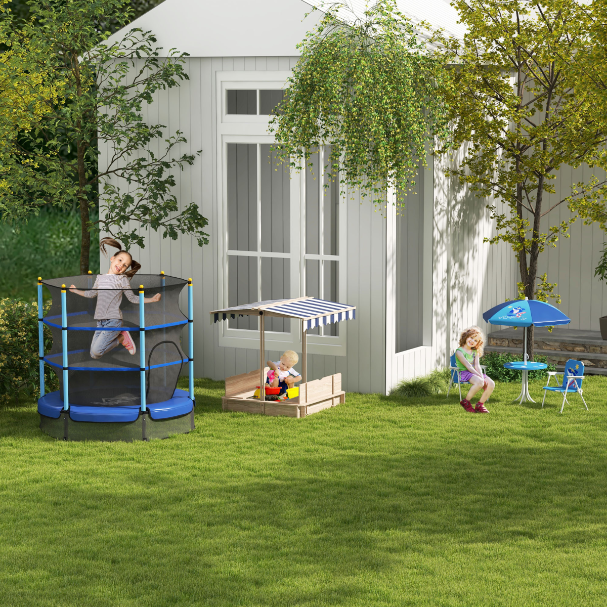 Outsunny Kids Wooden Sandpit with Adjustable Canopy and Benches