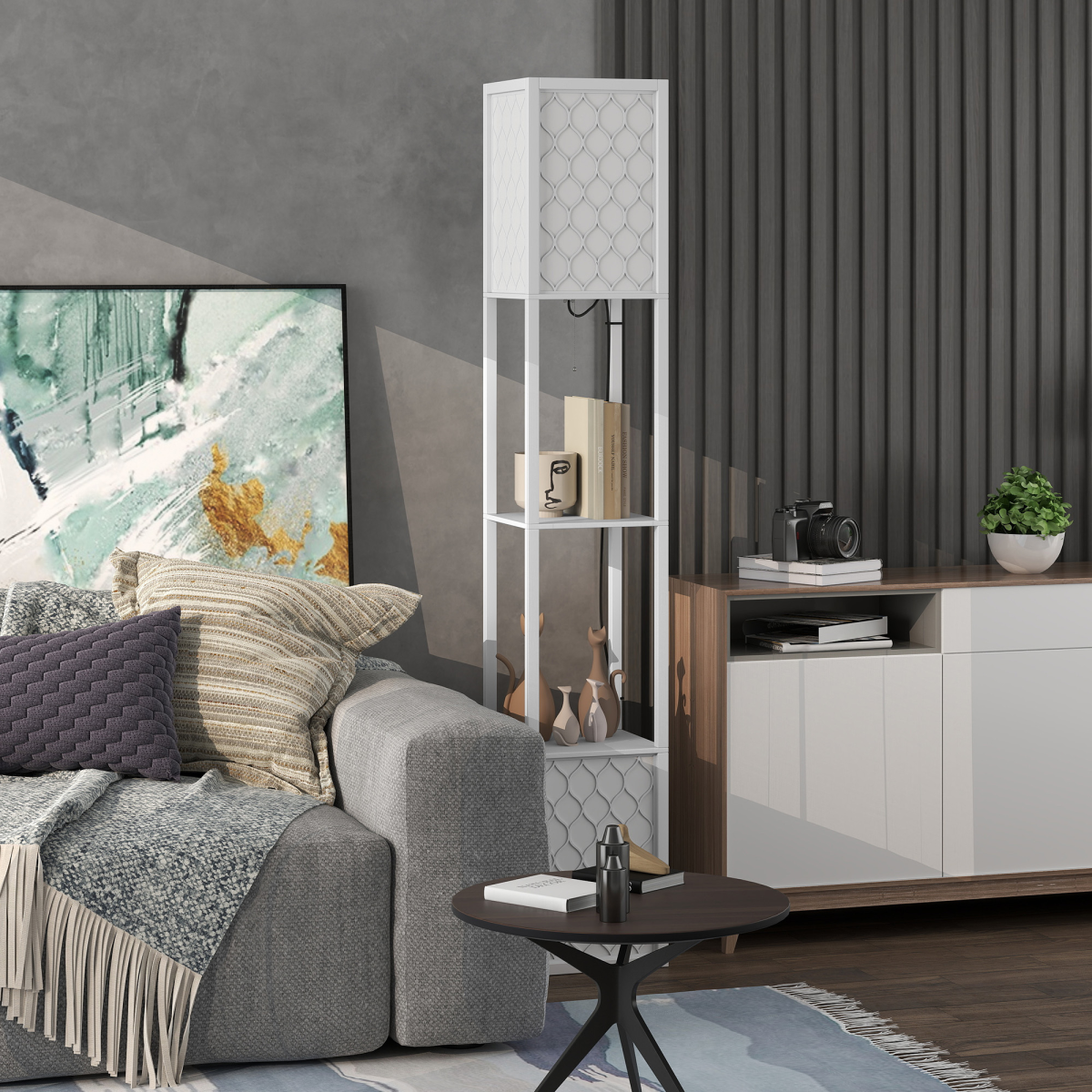 HOMCOM Modern 2-Light Floor Lamp with Shelves, White