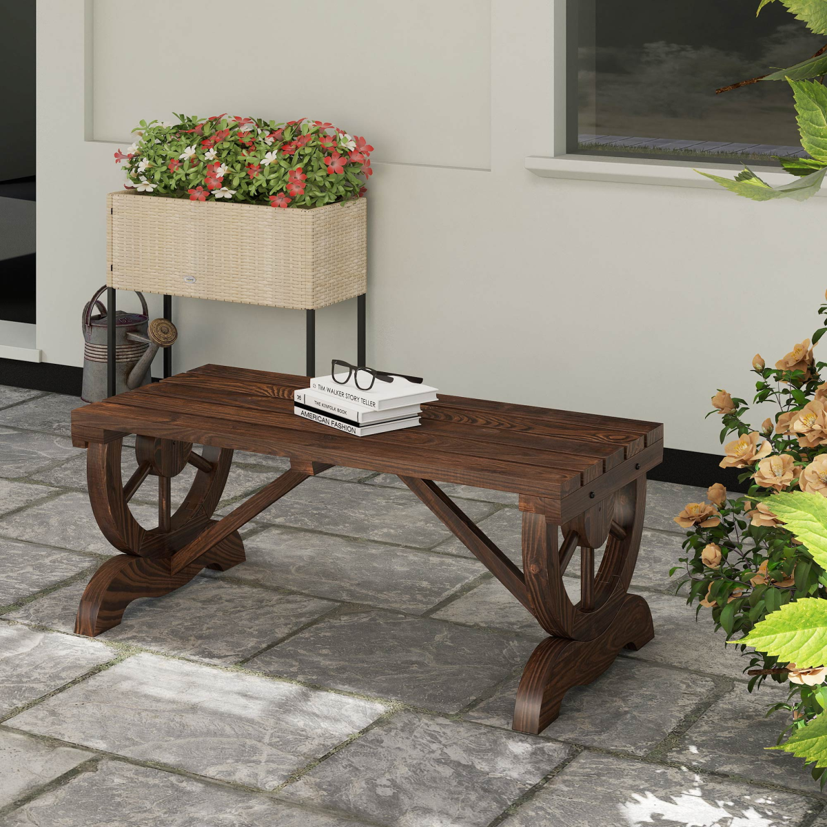 Outsunny Rustic Wooden Wagon Wheel 2-Person Wooden Bench, Brown Outdoor Loveseat Chair