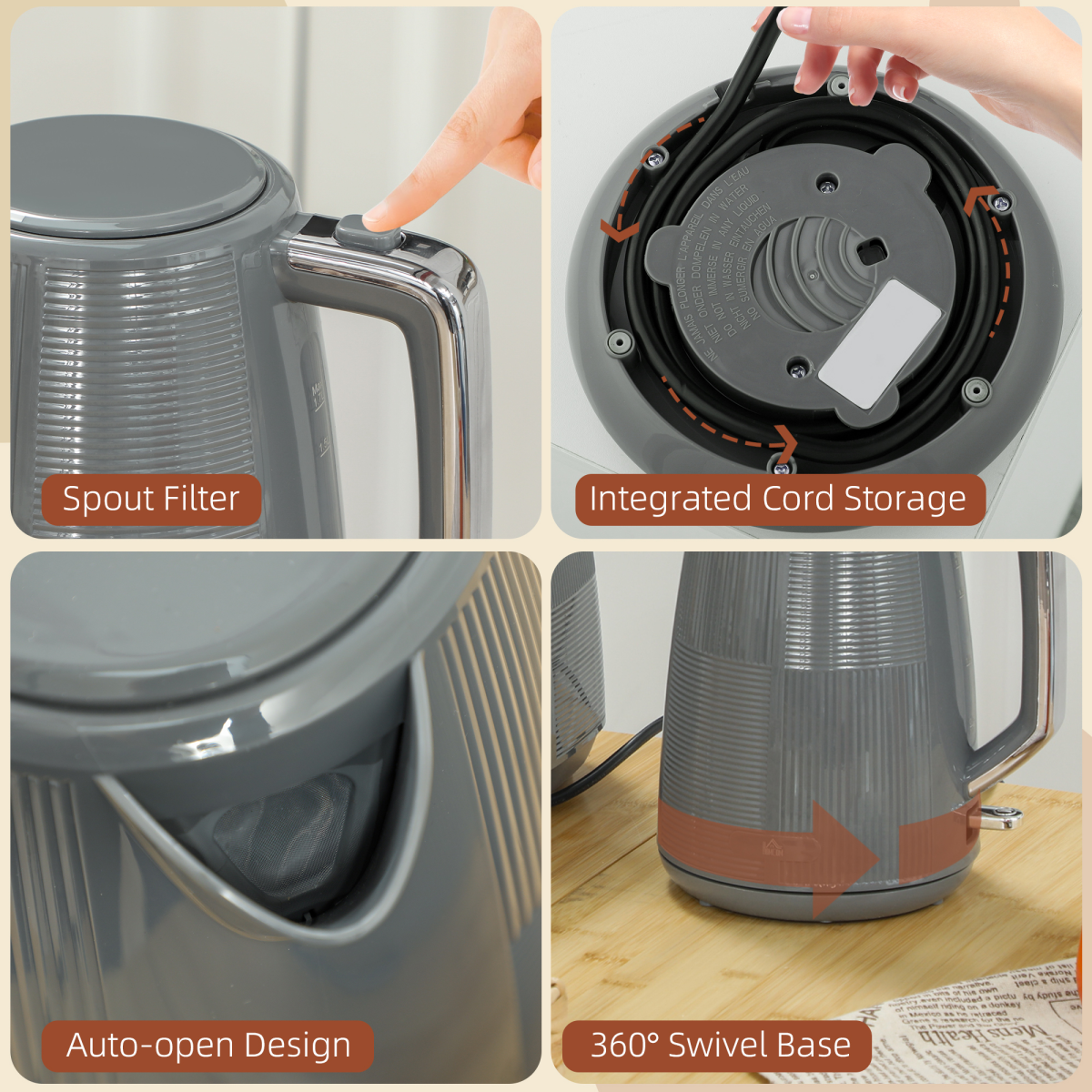 HOMCOM 1.7L Fast Boil Electric Kettle & 2-Slice Toaster Set, Grey