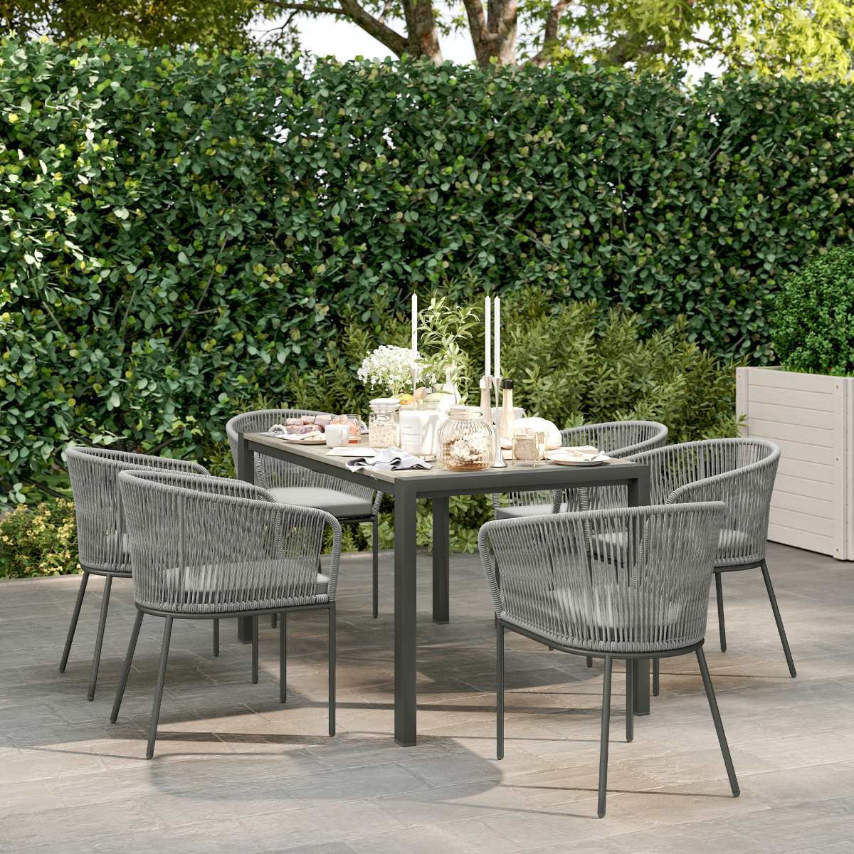 Outsunny 6-Seater Grey Rattan Dining Set with Acacia Wood Table and Cushions
