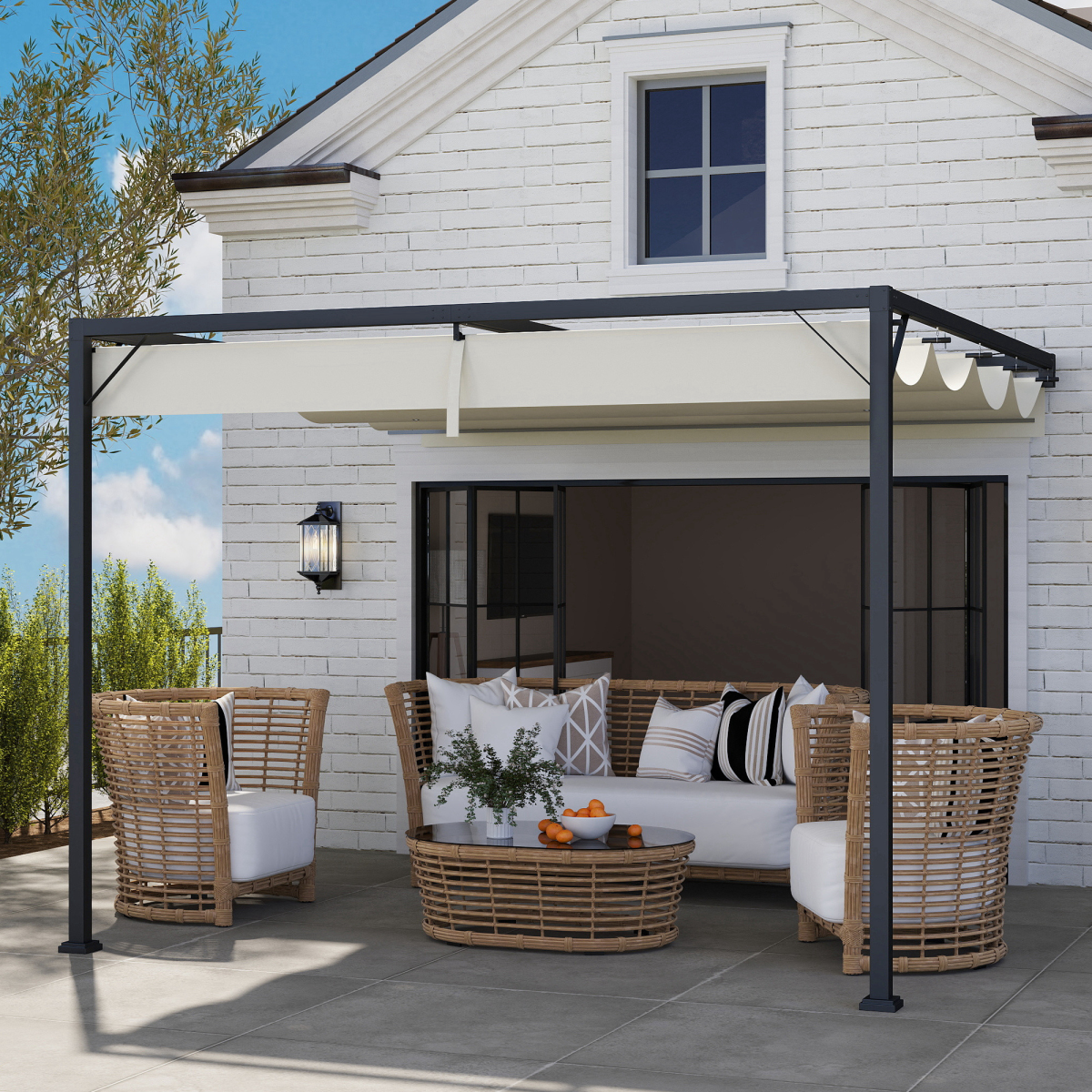 Outsunny 3x3m Wall-Mounted Pergola with Retractable Canopy, Cream White