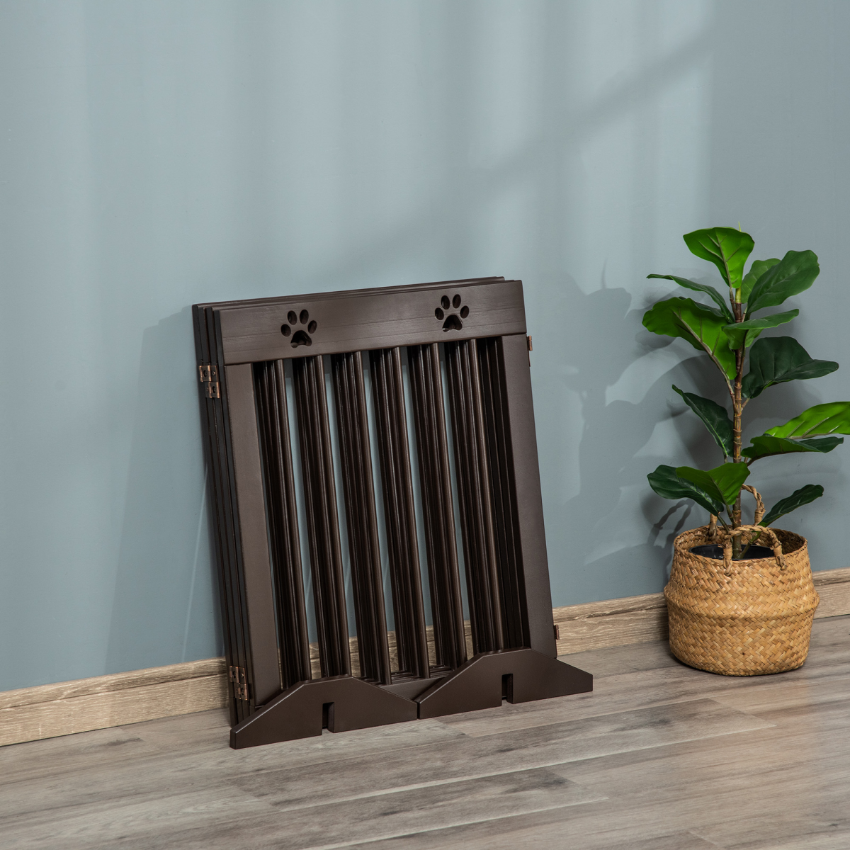 PawHut Freestanding 4-Panel Folding Wooden Dog Barrier with Support Feet