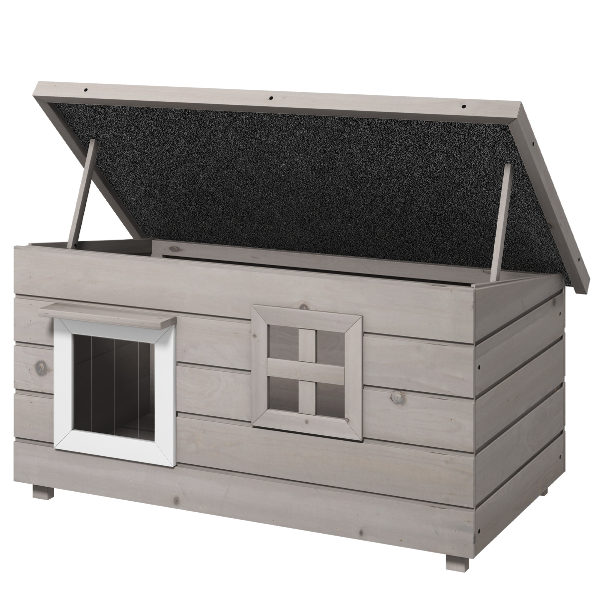 PawHut Wooden Outdoor Cat House with Openable Top, Asphalt Roof, Grey