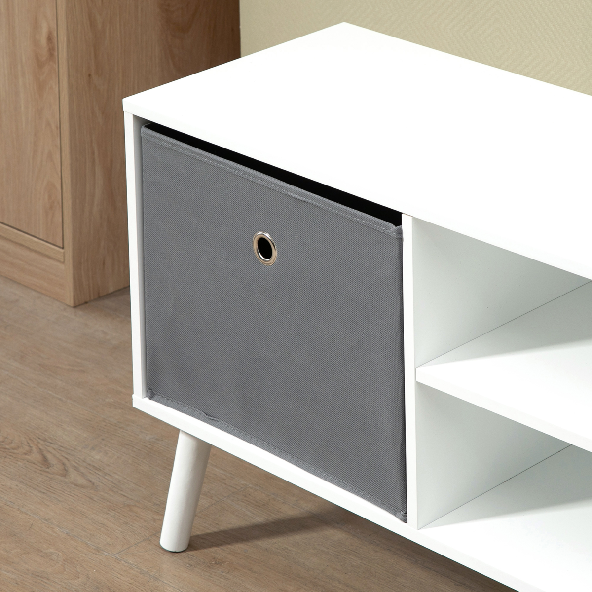 HOMCOM Modern TV Cabinet Stand with 2 Fabric Drawers, 2 Shelves, Cable Holes, Fits TVs up to 50in