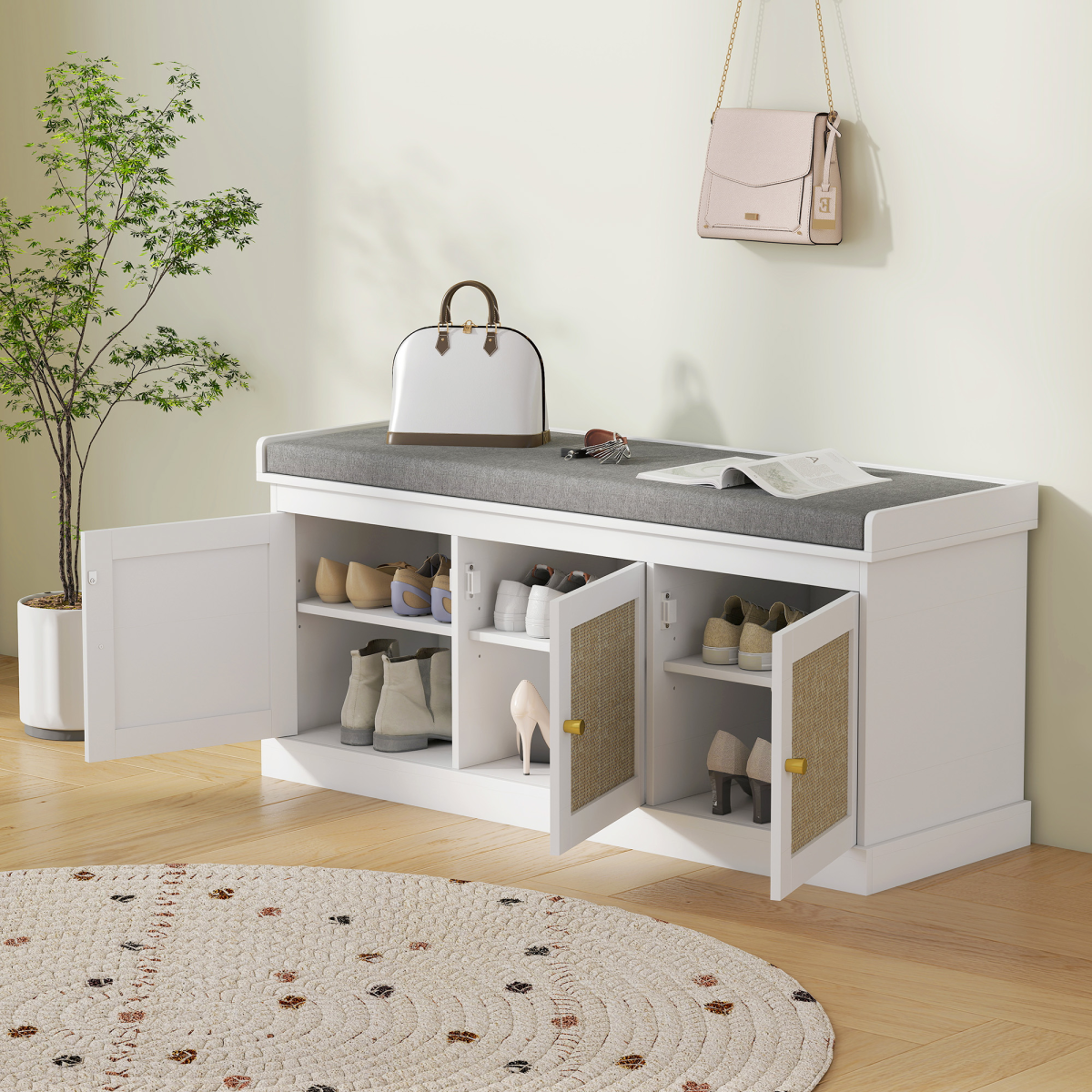 HOMCOM Shoe Storage Bench with Rattan Doors and Cushion