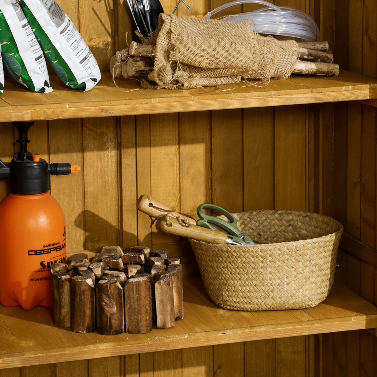 Outsunny Wooden Garden Storage Shed, Solid Fir Wood 3-Shelf Tool Cabinet with Double Doors and Lock