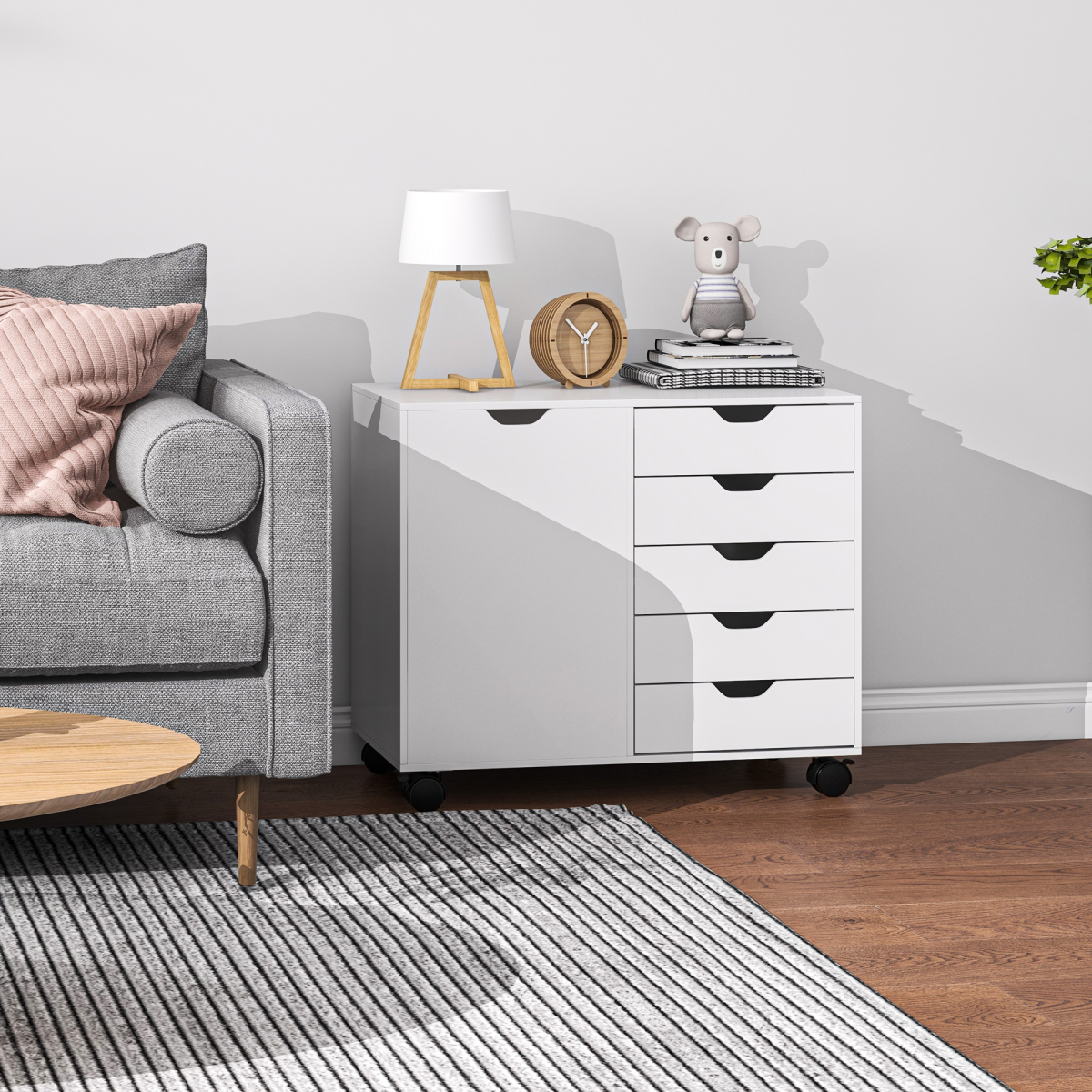 HOMCOM Modern Mobile Office Storage Cabinet with 5 Drawers & Door, White