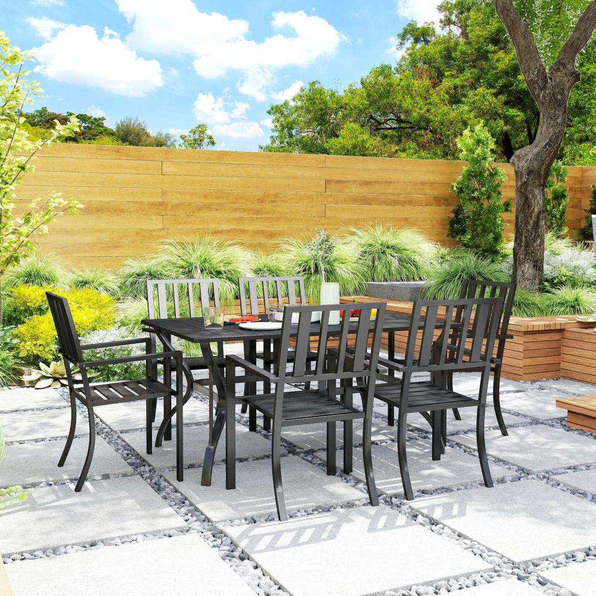 Outsunny 7-Piece Galvanised Steel Patio Dining Set with 42mm Umbrella Hole, Black