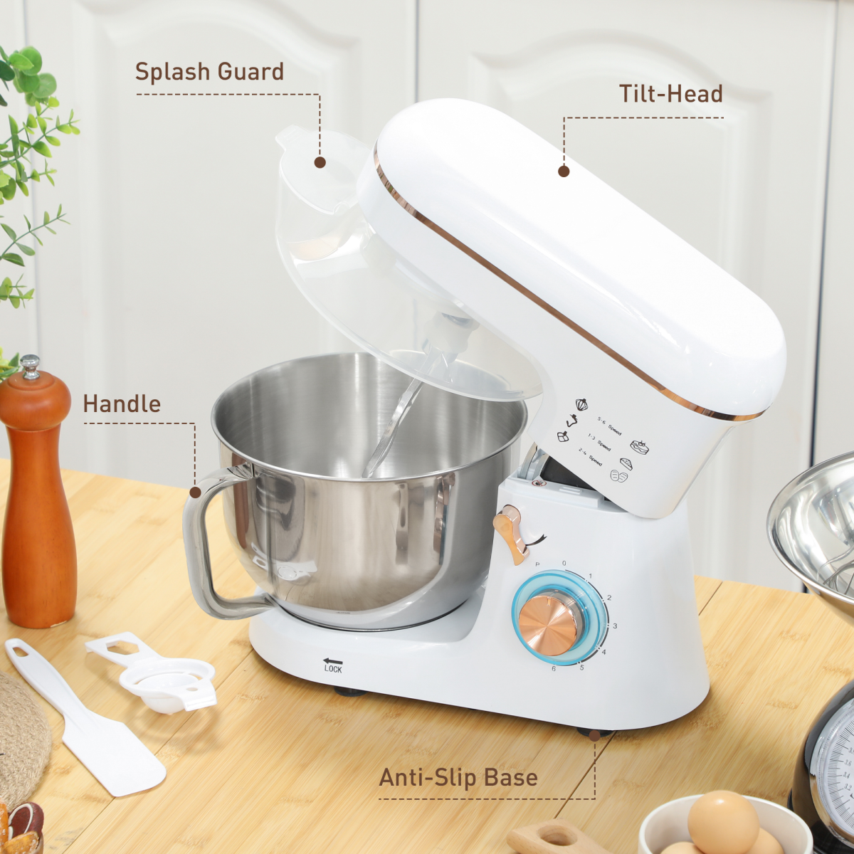 HOMCOM 5L 1400W Electric Stand Mixer with Whisk & Dough Hook, White