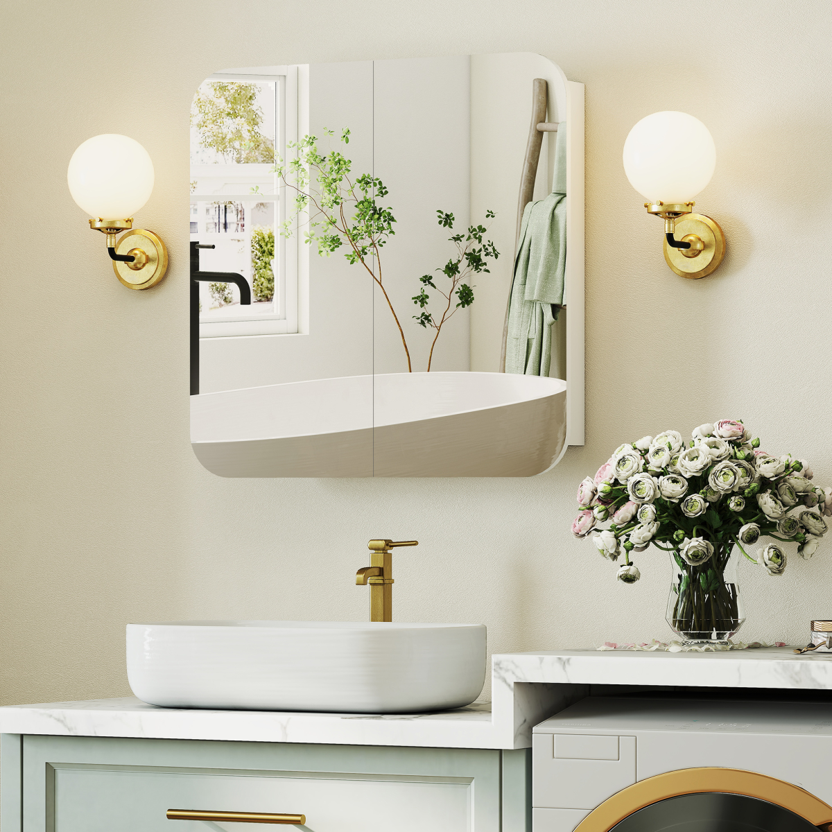HOMCOM Arched Wall-Mounted Bathroom Mirror Cabinet, White