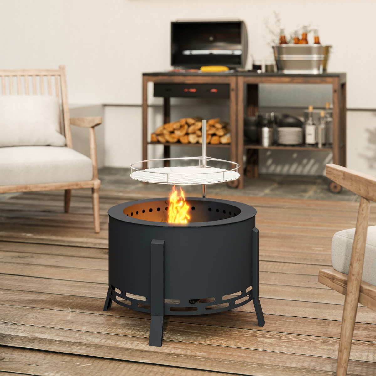 Outsunny 58cm Portable Round Fire Pit with Grill Grate, Black