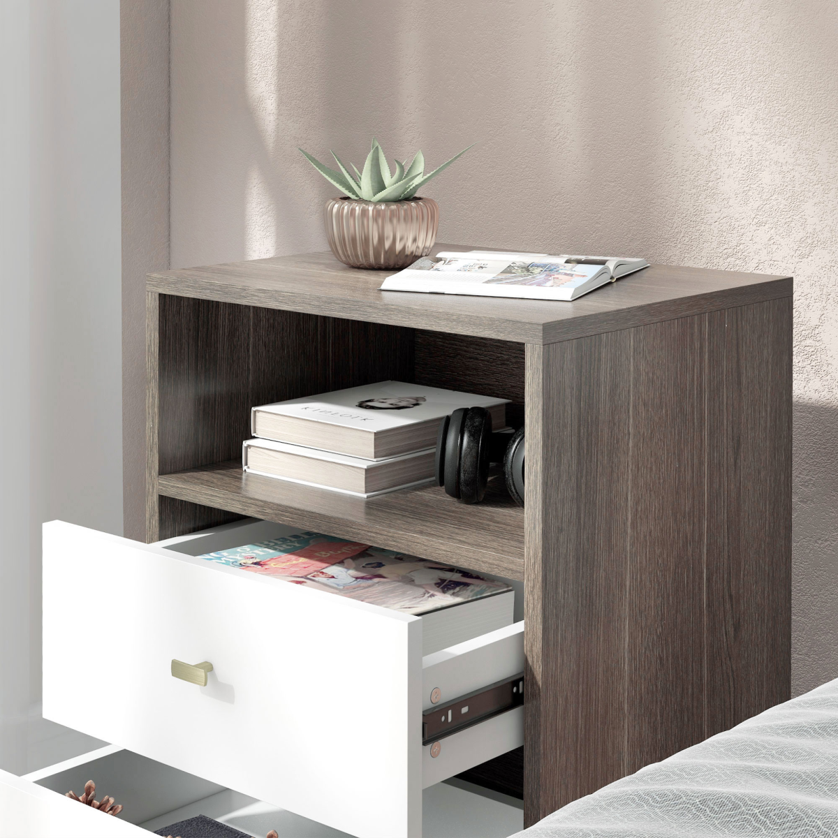 PawHut Set of 2 Bedside Tables, Nightstands with 2 Drawers & Open Cubby