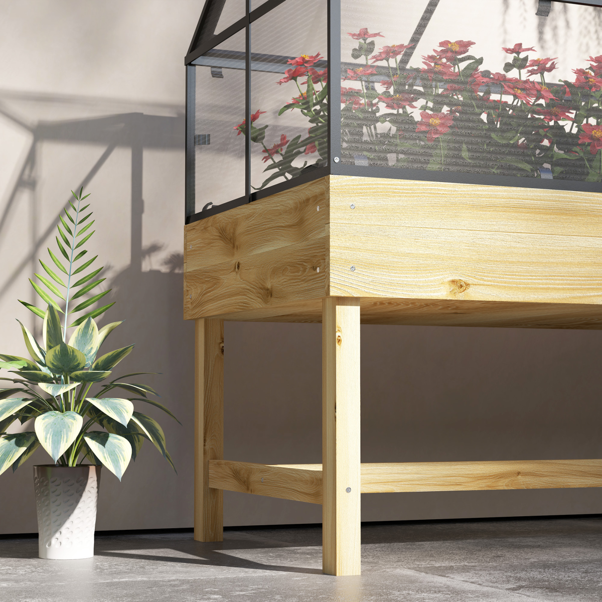 Outsunny Raised Garden Bed Grow House with Polycarbonate Cover, Fir Wood and Steel, Natural Wood Finish