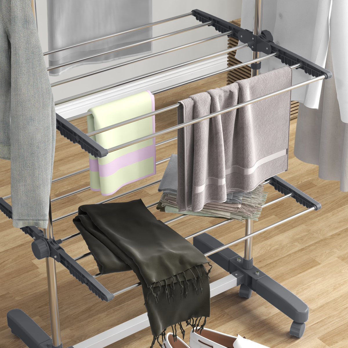 HOMCOM 4-Tier Stainless Steel Clothes Airer with Wheels, Grey