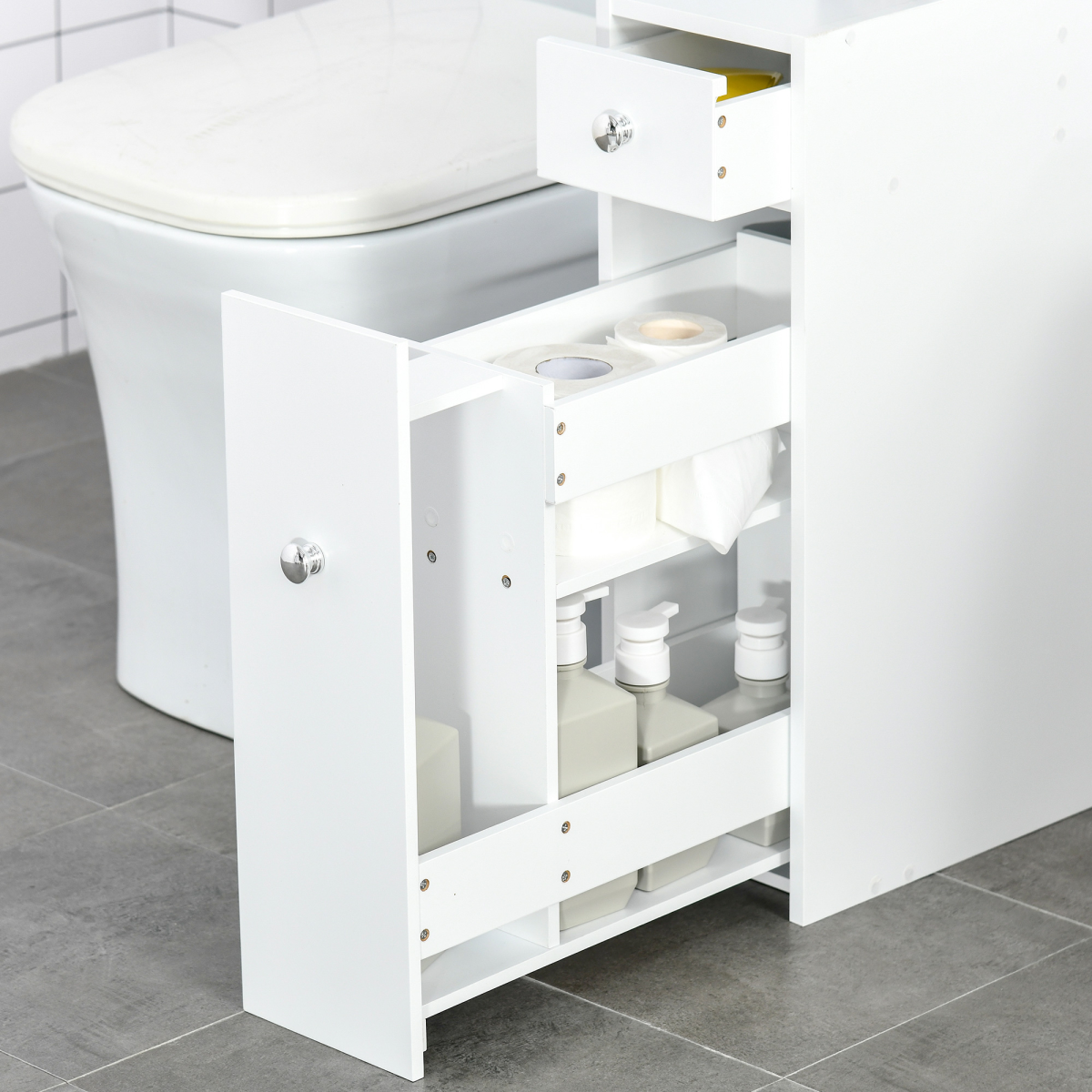 Slim White Bathroom Floor Cabinet with Large Drawer, Slide-Out Drawer and Top Tray, 58 x 17 x 48 cm