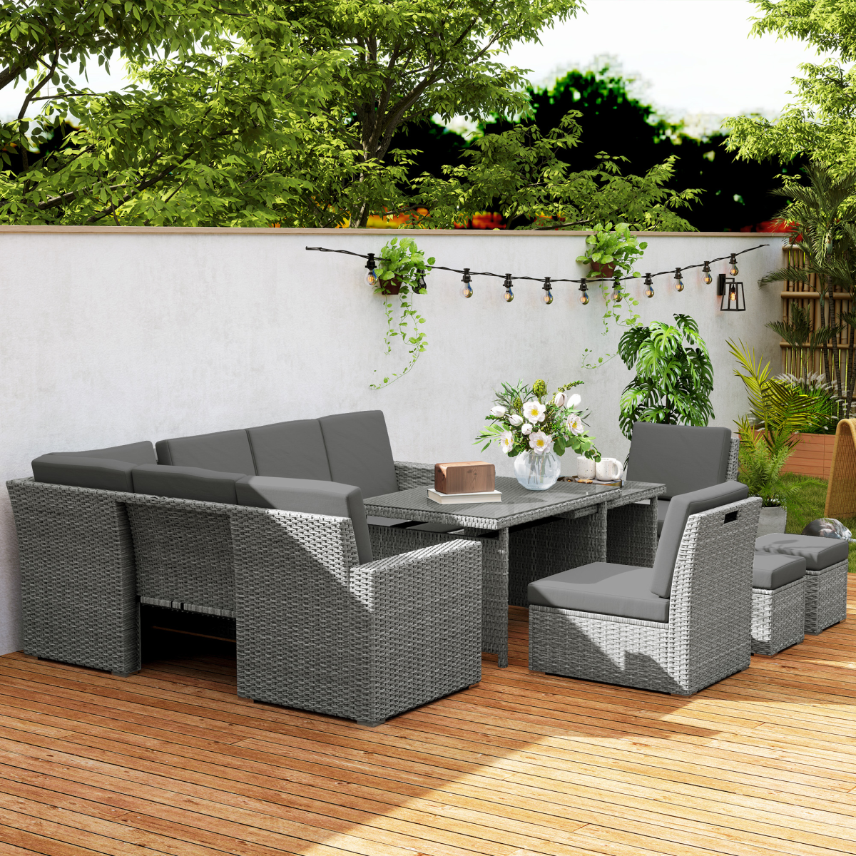 Outsunny 7-Piece Rattan Sofa Set with Cushions, Footstools and Glass Dining Table
