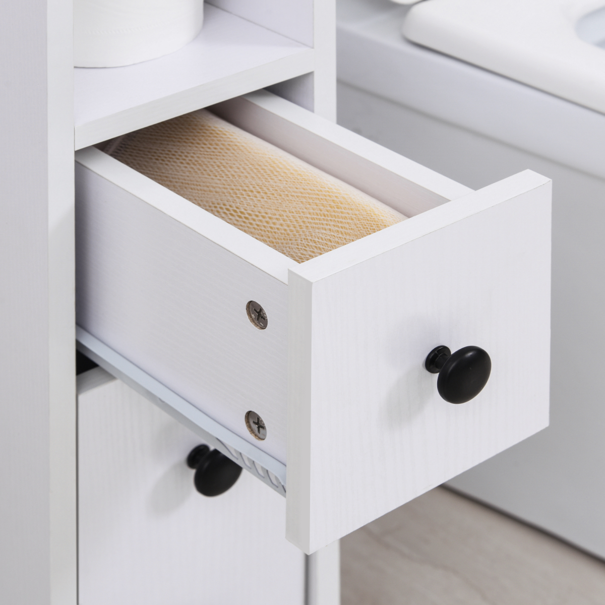 Slimline White Bathroom Storage Unit with 2 Drawers and Wheels