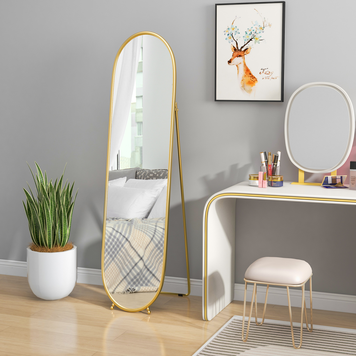 HOMCOM Oval Full Length Mirror with Metal Frame, Gold Tone