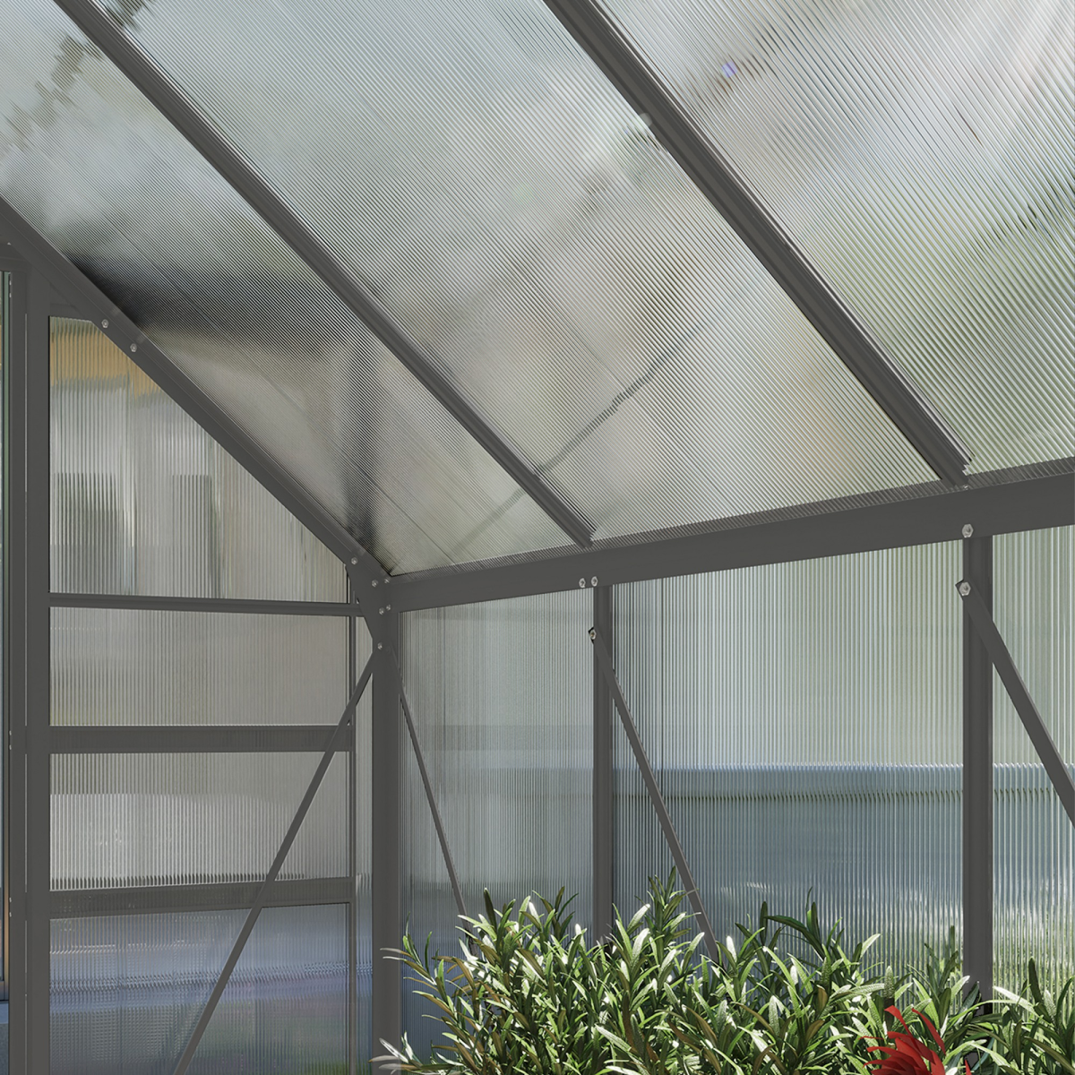Outsunny Dark Grey Walk-In Polycarbonate Garden Greenhouse, Sliding Door