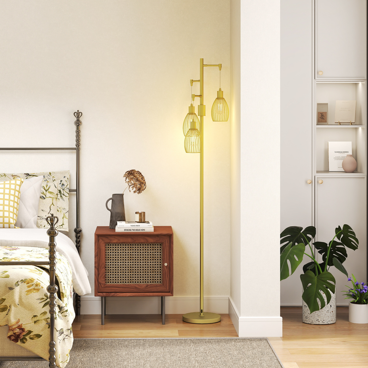 HOMCOM Industrial 3-Light Dimmable Floor Lamp, Gold